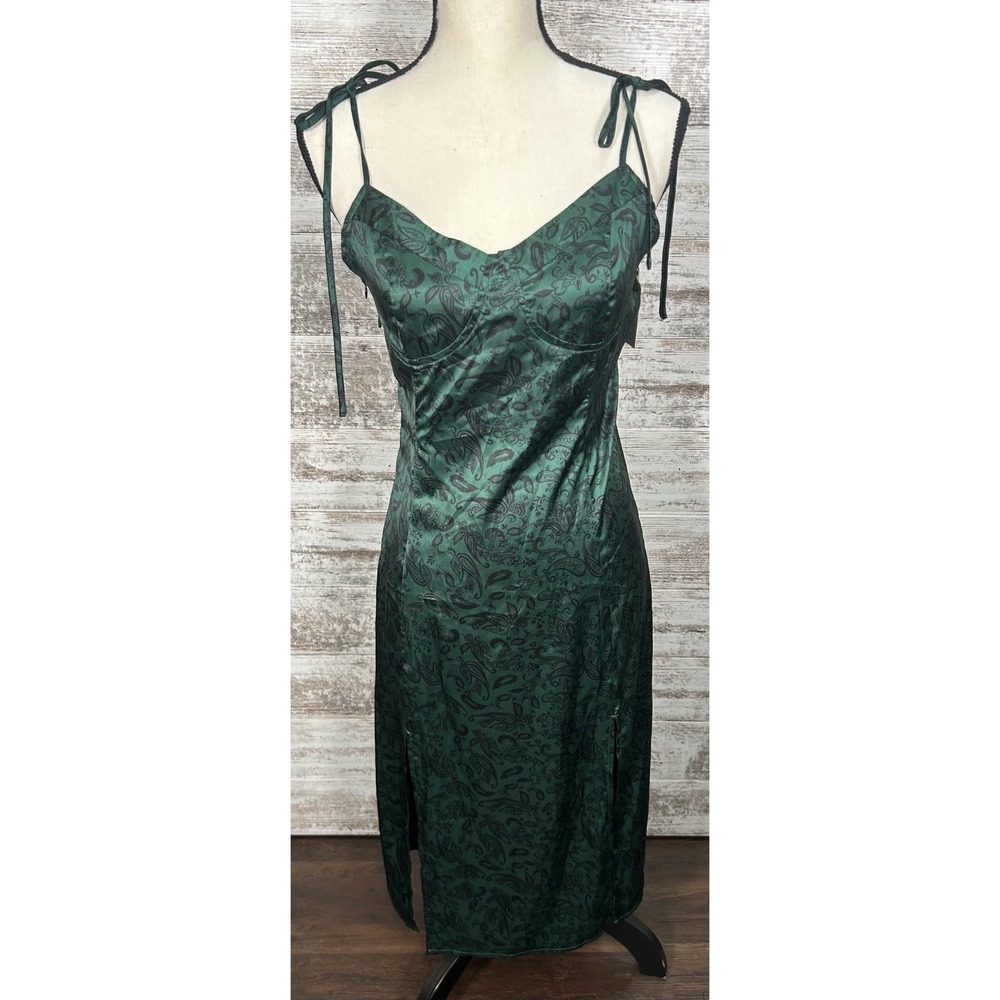 New Cider Women's Large Green Black Silky Floral Paisley Dress‎ Corset
